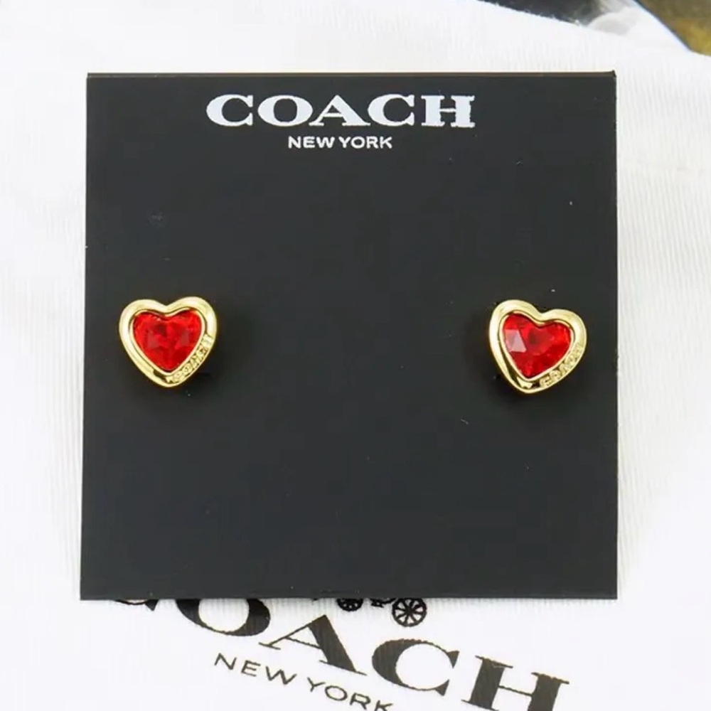 Coach Gold Heart Earrings with Red Center